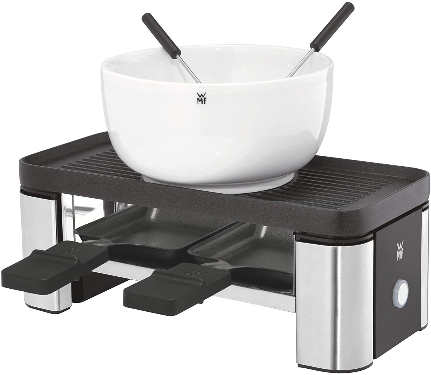WMF Küchenminis Raclette 2 Person, Grill, 3 Pans, Spatulas and Ceramic Bowl for Chocolate Fondue, 370 W, Matte Stainless Steel