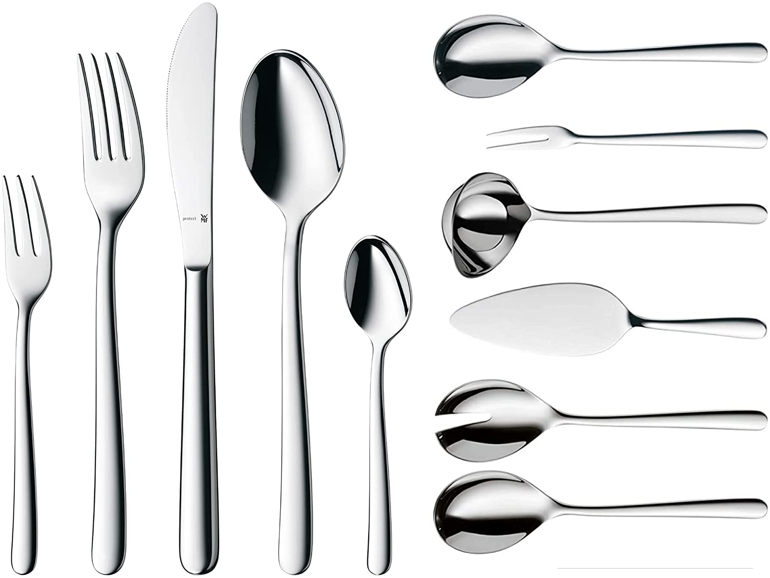 WMF Kult Cutlery Set for 12 People, 66 Pieces, 60 Pieces with Serving Cutlery, Monobloc Knife, Cromargan Protect Polished, Scratch-Resistant, Dishwasher Safe