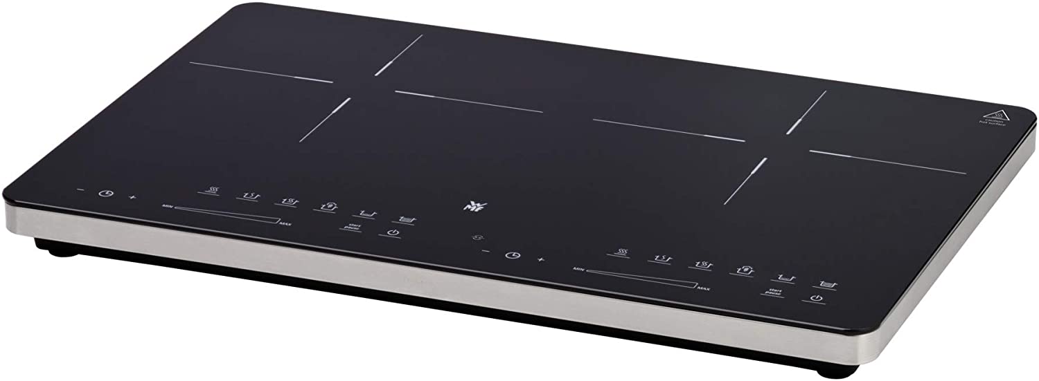 WMF Kult X Double Induction Hob for Pot / Pan Bases up to 28 cm, 2 Cooking Zones, 8 Power Levels, Automatic Pan Detection, Touch Display, Glass Ceramic Surface, Timer Function, 3500 W