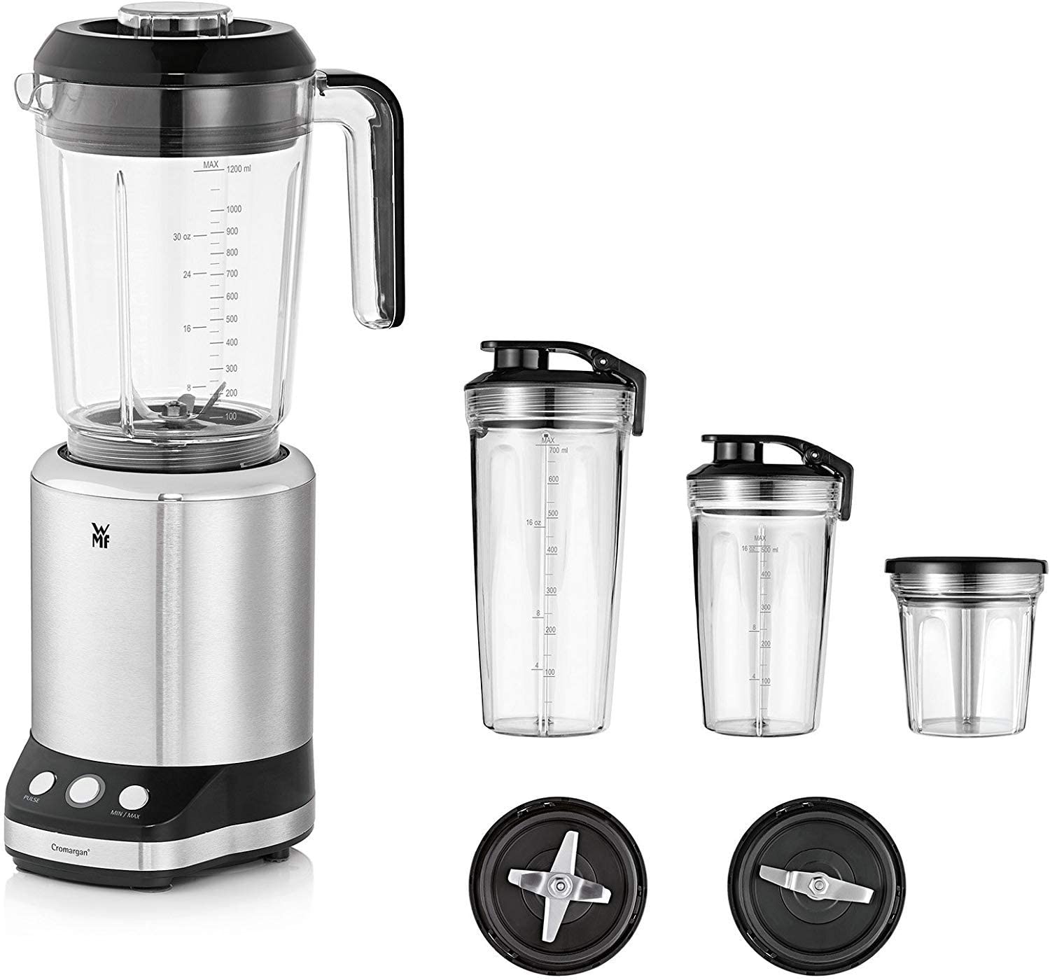 WMF Kult X Multi-Function Mixer 25,000 RPM 900 Watts 2 Speeds 4 Mixing Container ToGo Bottle Knife Unit with Cross Blades for Smoothies Knife Unit with Flat Blades