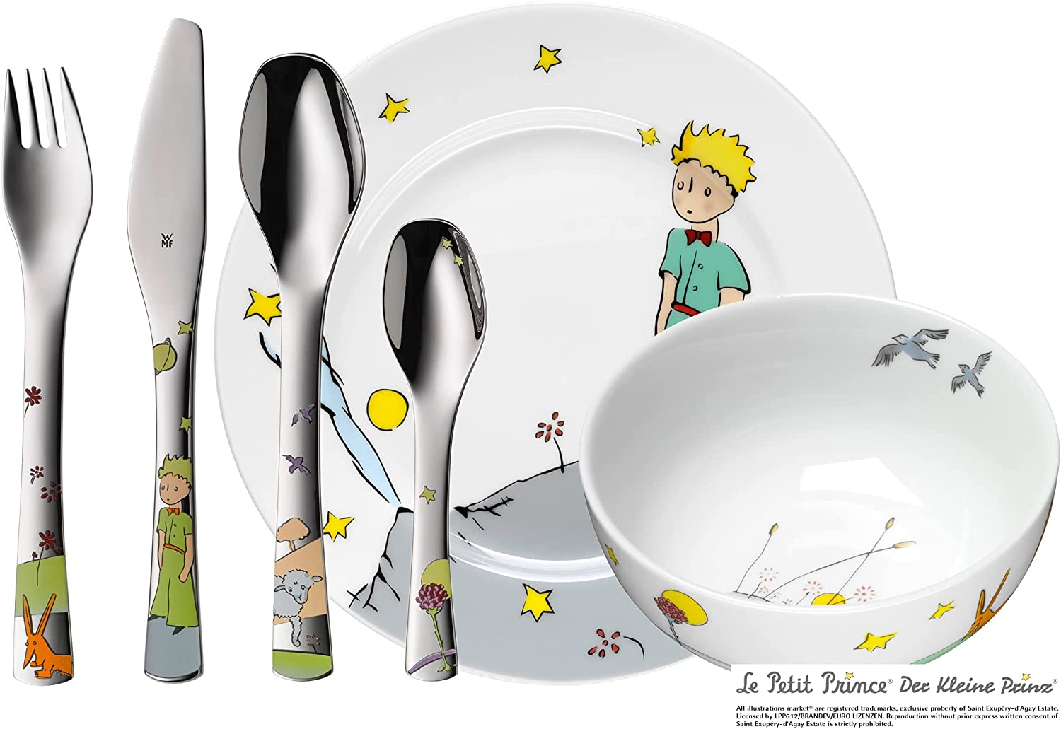 WMF little Prinz children\'s tableware, with children\'s cutlery, 6-piece, from 6 years, Cromargan polished stainless steel, dishwasher-safe, color and food safe