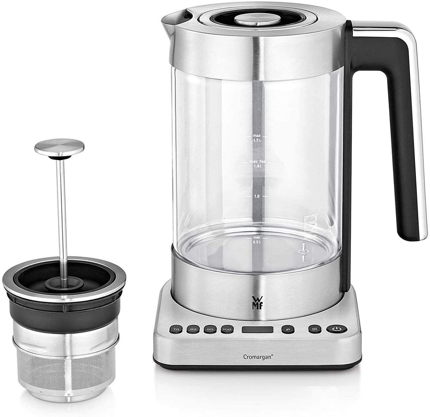 WMF Lono 2 in 1 Vario kettle, with temperature setting, 1.4 - 1.7 l, 3000 W, glass tea maker with tea strainer, keep warm function