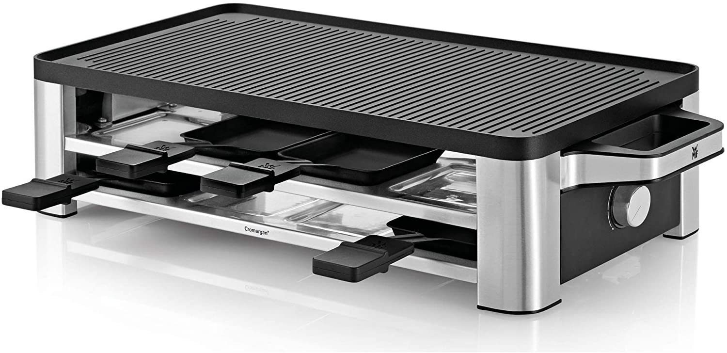 WMF Lono Raclette grill with pans and sliders, raclette 8 people, 1500 W, matt stainless steel