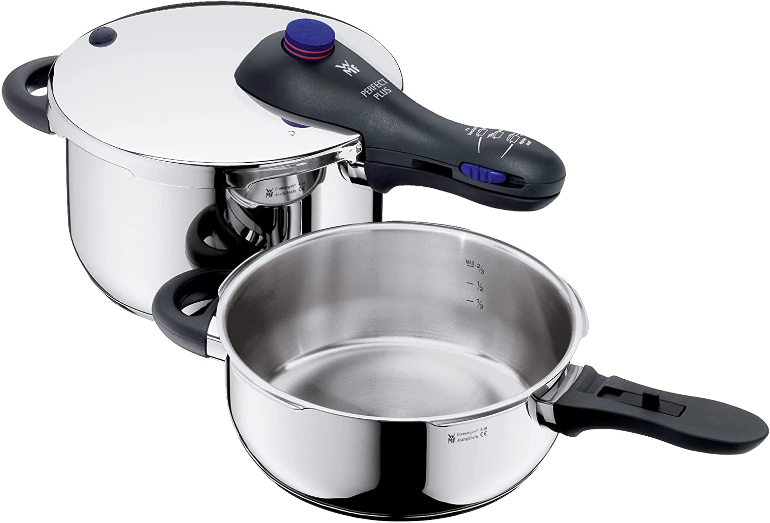 WMF Perfect Plus Pressure cookers, set of 2-pieces-pieces 3l & 4,5l without insert Ø 22cm internal scaling Cromargan stainless steel suitable for induction