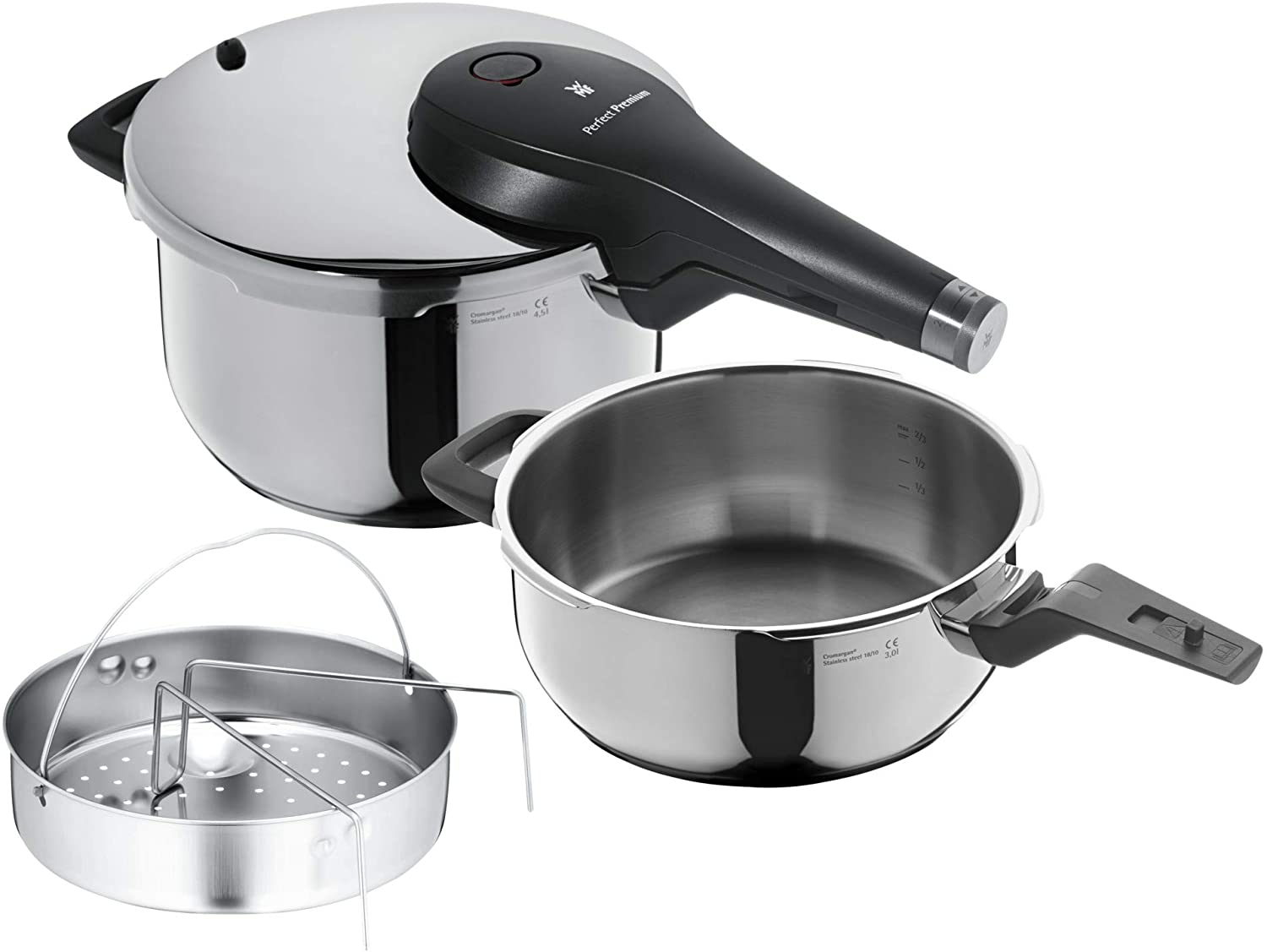 WMF Cromargan Stainless Steel Perfect Premium 2-Piece Pressure Cooker 4.5 L & 3,0l with Insert Polished 2 Cooking Levels Single-handed Pressure Regulator, Dishwasher Safe, Diameter 22 cm Suitable for Induction, Stainless Steel, Silver, 2 Units