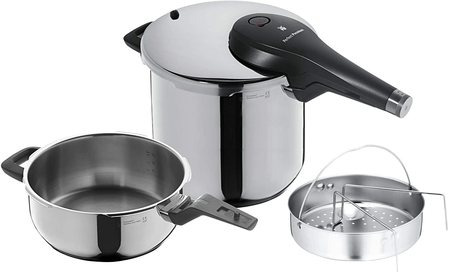 WMF Perfect Premium Pressure Cooker 6.5 L Set of 2 Cooking Levels Single-handed Pressure Regulator Polished & 3,0l with Insert Set Cromargan Stainless Steel, Dishwasher Safe, Diameter 22 cm Suitable for Induction, Stainless Steel, Silver, 2 Units