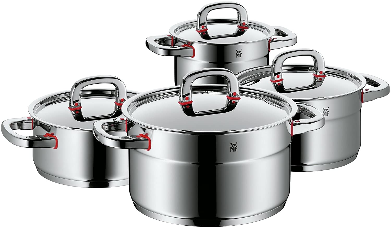 WMF cookware set 4-piece Premium One Inside scaling vapor hole Cool+ Technology metal lid Cromargan stainless steel brushed suitable for all stove tops including induction dishwasher-safe