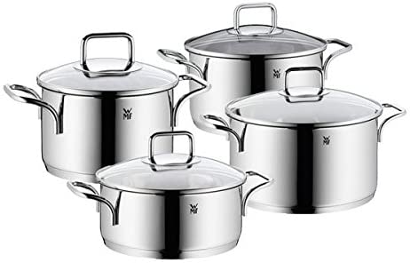 WMF Induction Pot Set with Glass Lid, Polished Stainless Steel, Induction Pots Set, Uncoated Set of 4