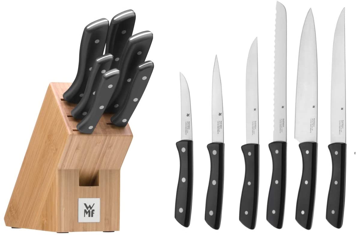 WMF Knife Block with Knife Set, 7-Piece Kitchen Knife Set with Knife Holder, 6 Sharp Knives, Bamboo Block, Special Blade Steel