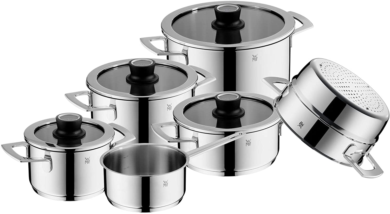WMF VarioCuisine 6-Piece Induction Saucepan Set with Silence Glass Lid, Polished Cromargan Stainless Steel, Thermometer, Pots Set Uncoated
