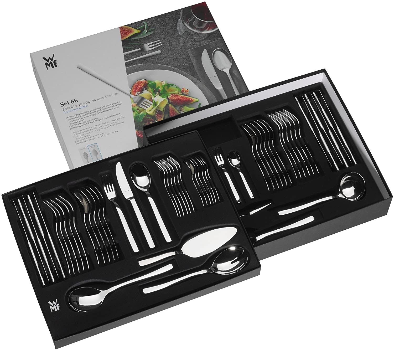 WMF Atic Cutlery Set, 12 People, 66 Pieces, 60 Pieces with Serving Cutlery, Monobloc Knife, Polished Cromargan Protect Stainless Steel, Glossy, Scratch-Resistant, Dishwasher Safe