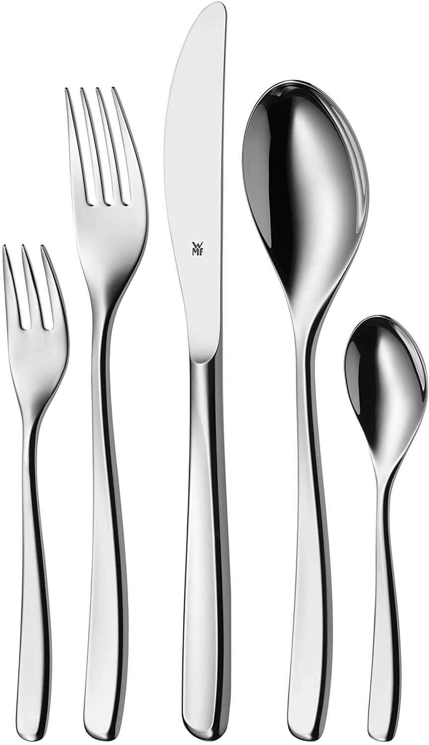 WMF Sinus Stainless Steel Cutlery Set for 6 People, Cutlery Set 30 Pieces, Monobloc Knife, Polished Cromargan Stainless Steel, Shiny, Dishwasher Safe