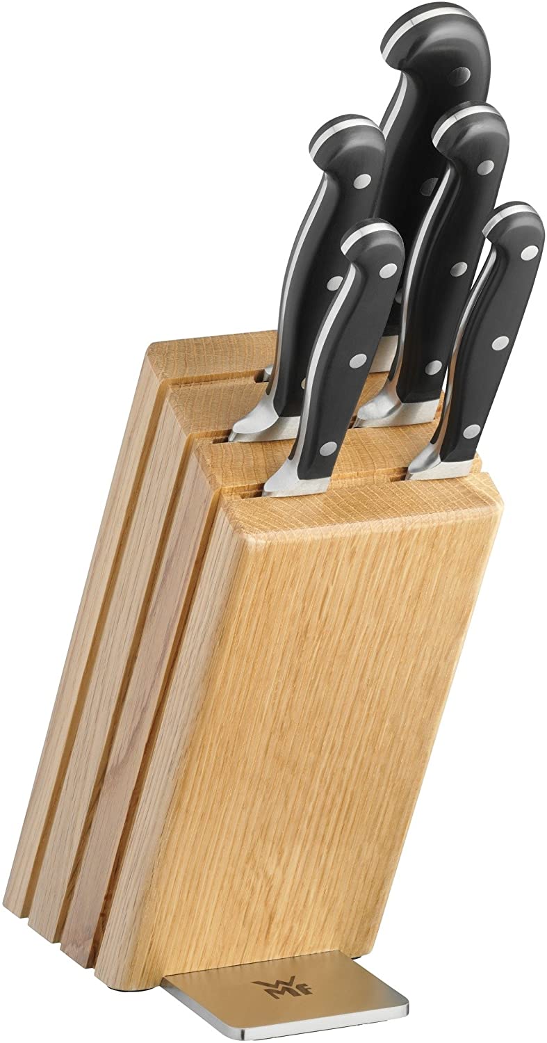WMF Spitzenklasse Plus Knife Block with Knife Set, 6 Pieces, Made in Germany, 5 Forged Knives, Oak Wood Block, Performance Cut