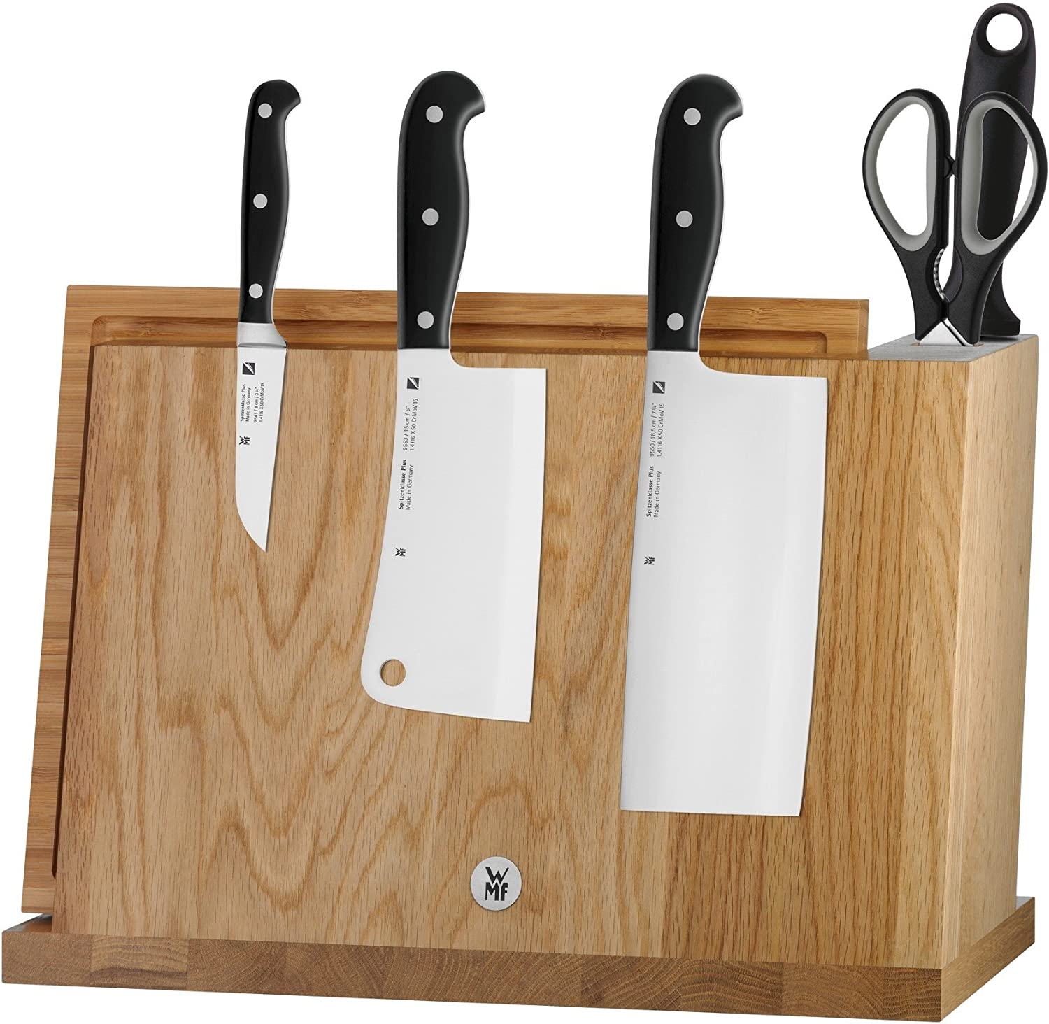 WMF Spitzenklass Plus Knife Block with Knife Set, 7 Pieces, Special Blade Steel, 3 Knives, Smoothed, Sharpening Steel, Scissors, Board, Bamboo Block Magnetic
