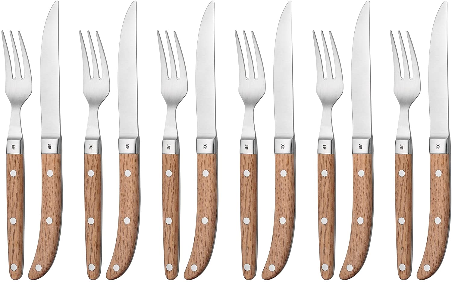 WMF Steak Cutlery Set, Ranch Steak Knife, Steak Fork, Cromargan Stainless Steel, Matt Oak Wood