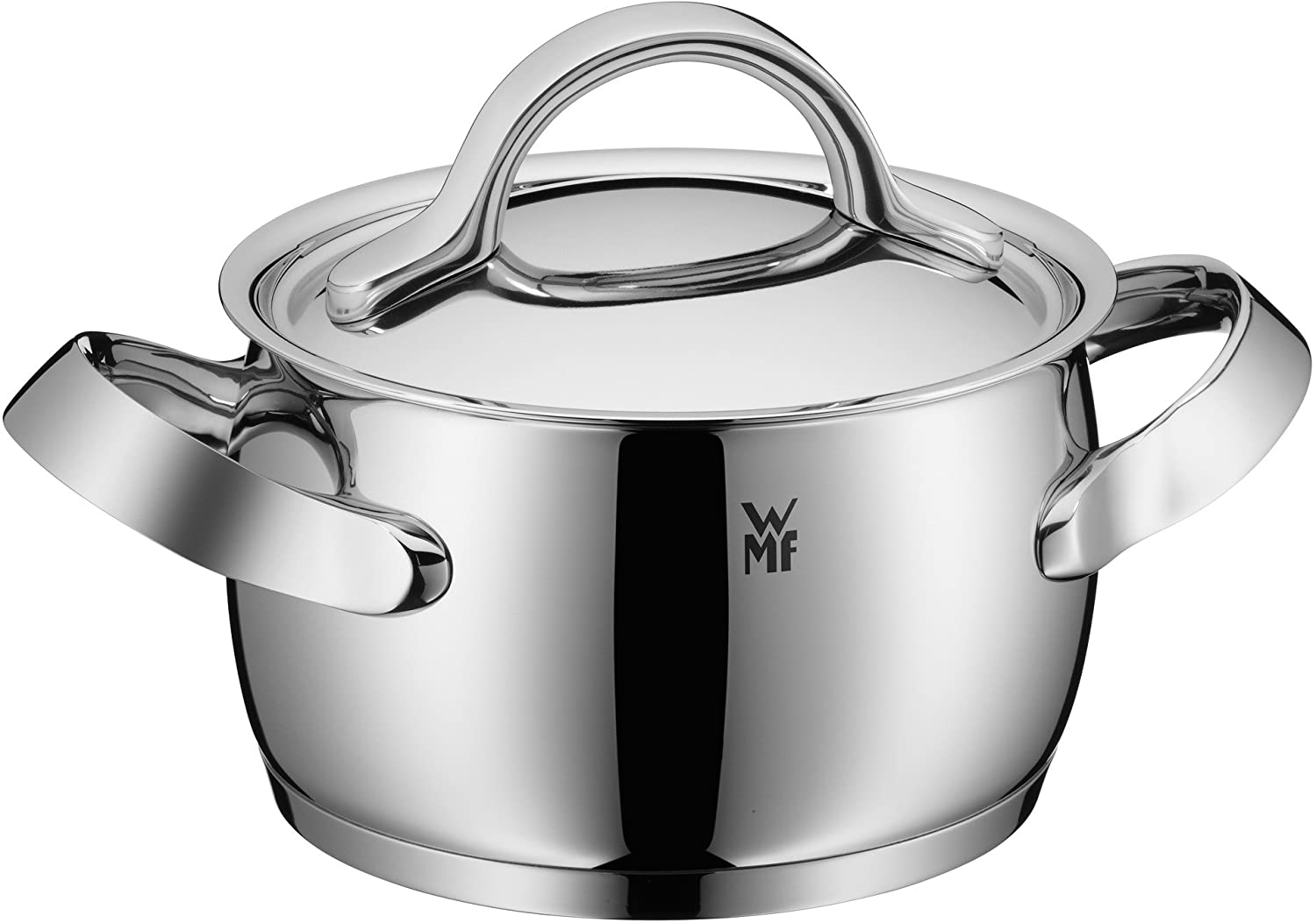 WMF Tall Cooking Pot Diameter 16 cm approx. 2L) Markings Vent Polished Ring Handle Metal Lid Cromargan Stainless Steel Suitable for Induction Cookers Dishwasher Safe Made in Germany
