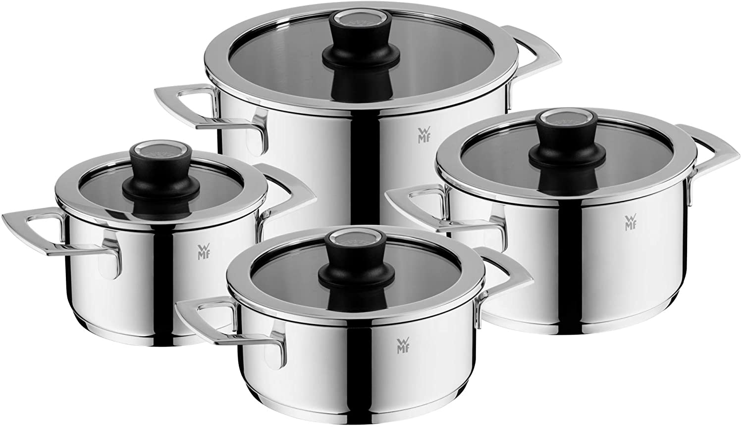 WMF VarioCuisine 4-Piece Saucepan Set Cromargan Polished Stainless Steel Pots with Silence Glass Lid, Thermometer, Induction Pots Uncoated