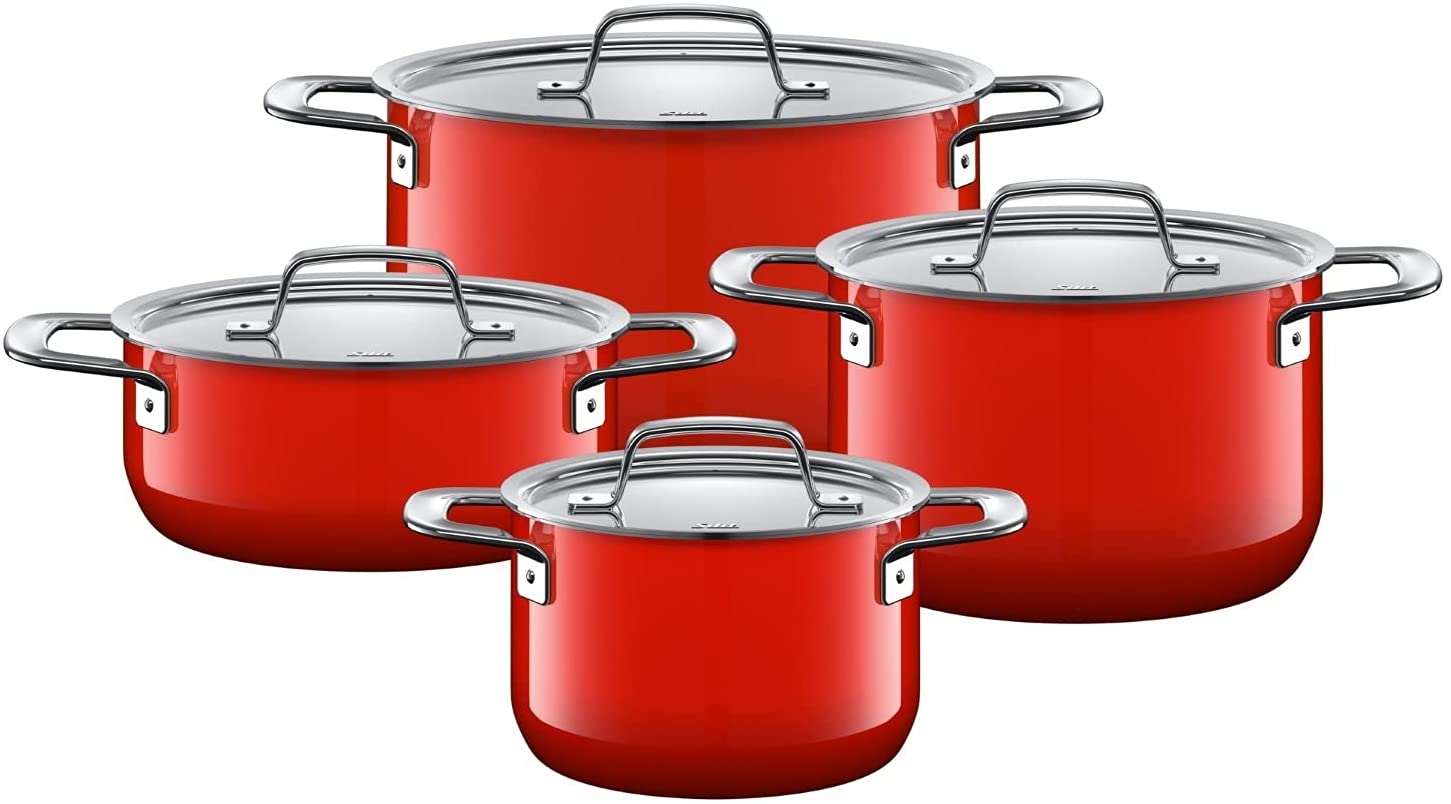 Silit Zeno Red 4-Piece Induction Saucepan Set with Metal Lid, Silargan Functional Ceramic, Induction Pots Set, Nickel-Free, Red