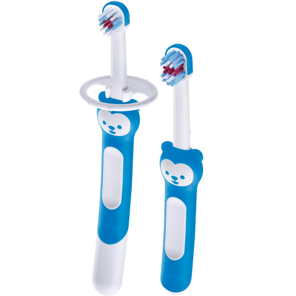 MAM Learning Set of Two Baby Toothbrushes with Safety Signs Ideal for Learning Baby Dental Hygiene Training Toothbrush Suitable from Birth Blue