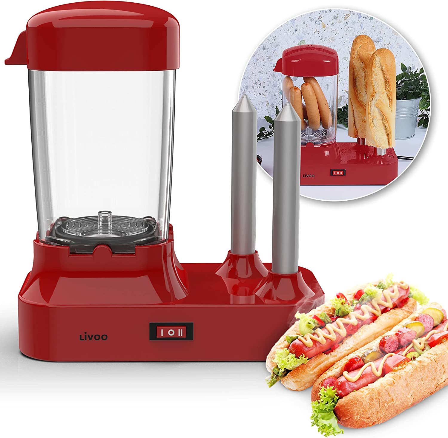 bmf-versand® Hot Dog Maker with 2 Bun Warmers, Hotdog Machine for 6 Sausages, Removable Heat Container, Electric Sausage Warmer, with Stainless Steel Skewers for Heating Rolls
