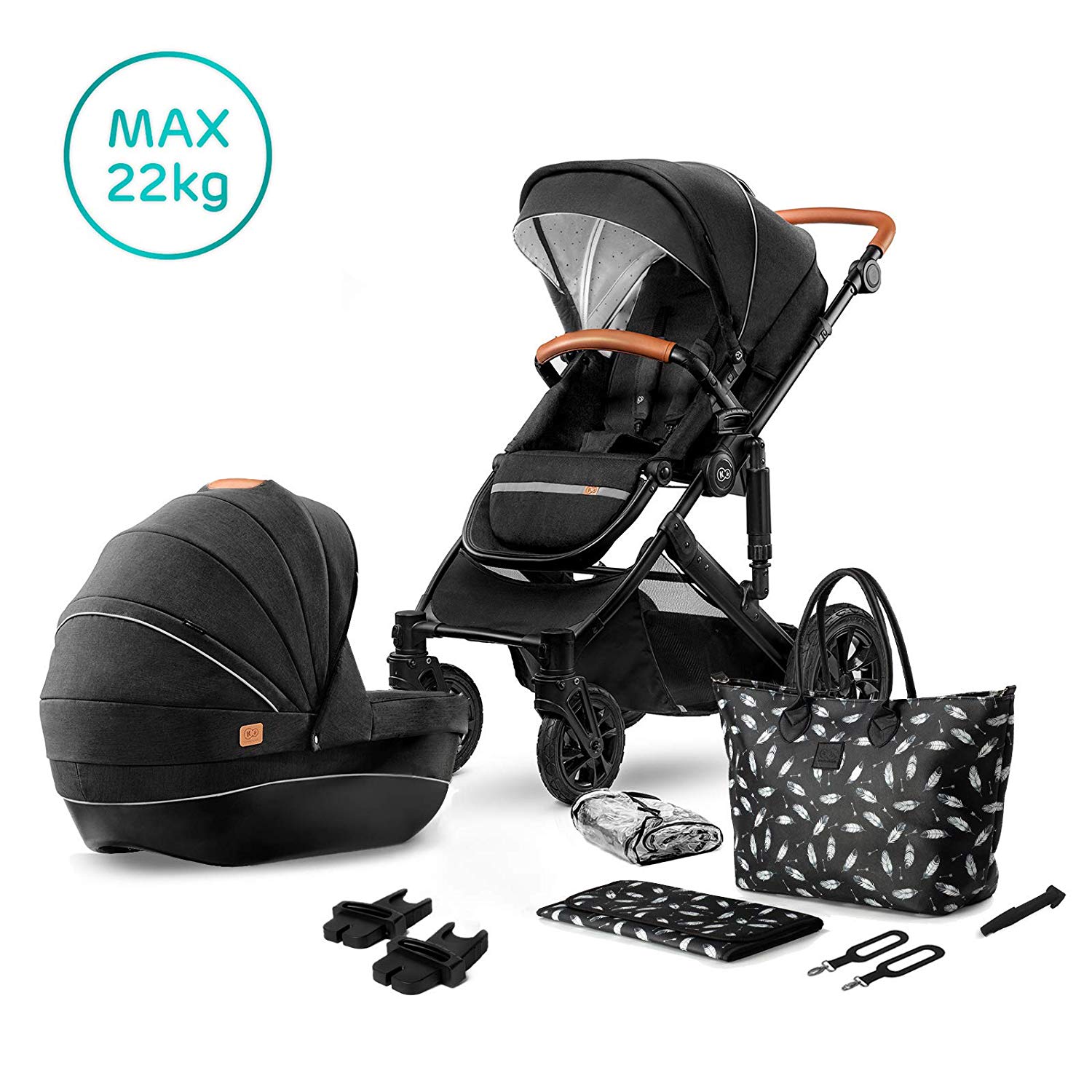 Kinderkraft Pram 2-in-1 Prime 2020 Pram Set Combination Pushchair Sports Pram Buggy and Carry Cot Large Wheels Pneumatic Tyres Comfortable Buggy Seat with Reclining Position Accessories, Black