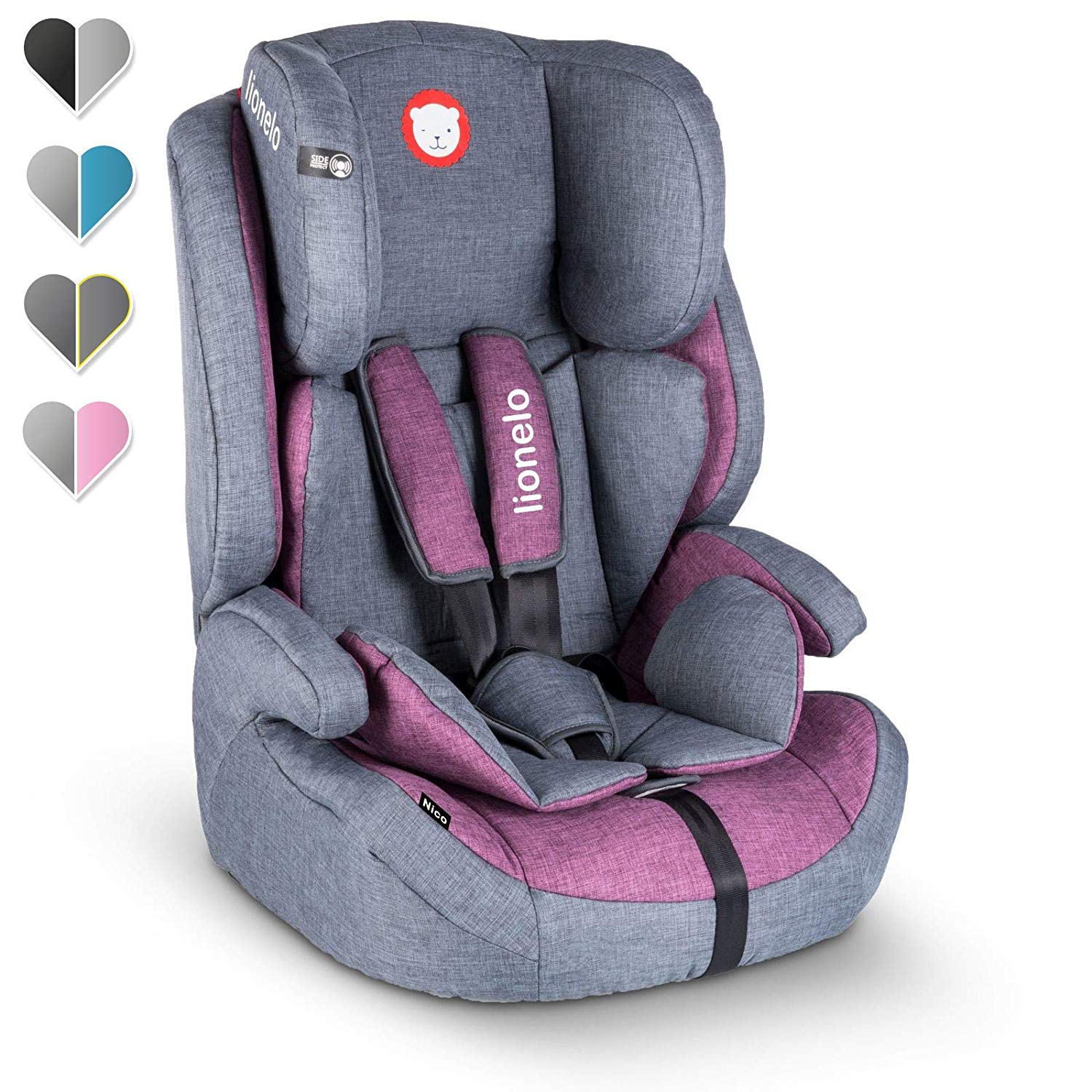 Lionelo Nico Child Car Seat, Group 1, 2, 3, 9-36 kg, Side Protection, 5-Point Seat Belt, Removable Backrest, Adjustable Headrest, ECE R44 04 Purple