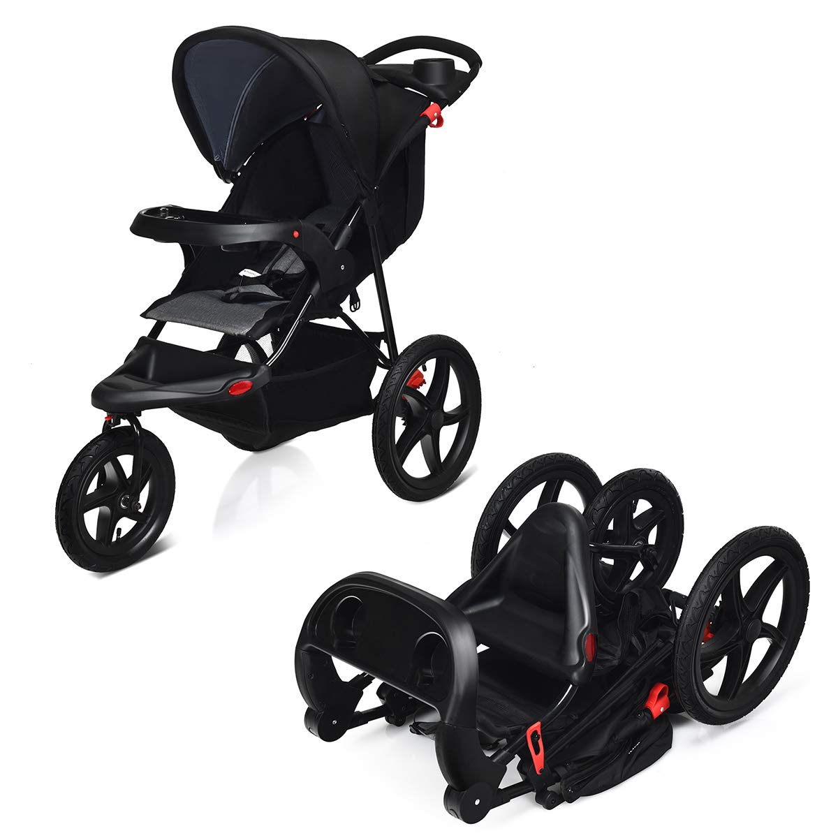 GOPLUS Pushchair, Pushchair with Reclining Function, Baby Scooter with 5 Point Belt, Foldable Pushchair, with Adjustable Backrest, Shockproof, Can be Used from Birth to 15 kg (Black)