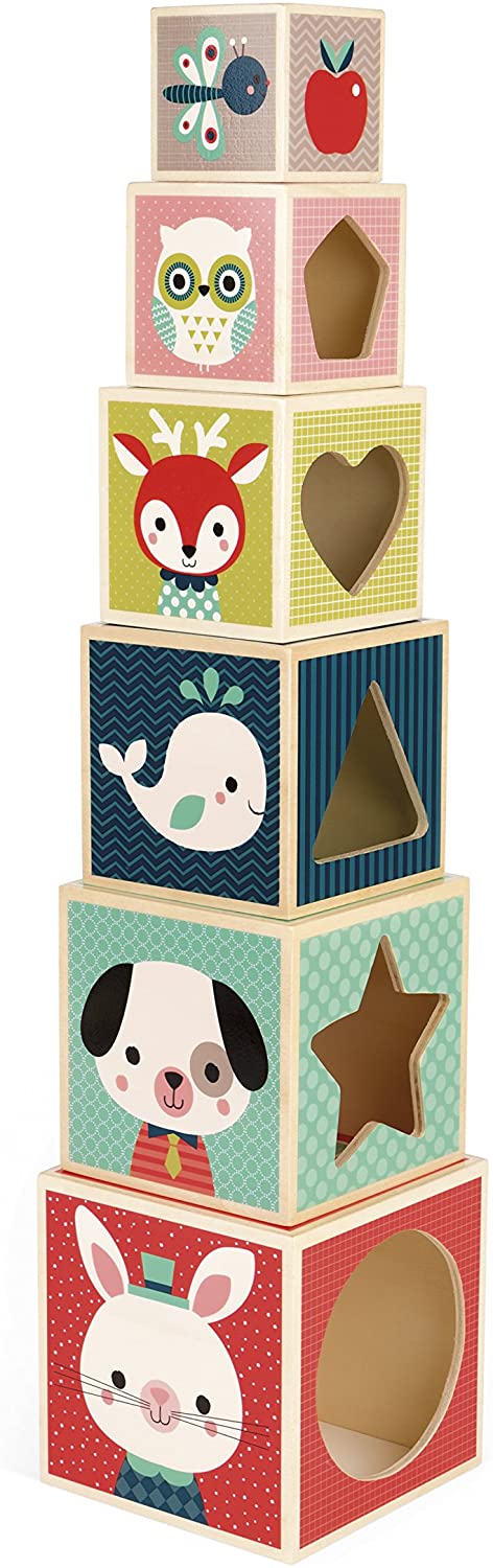 Janod J08016 Stacking Pyramid Baby Forest 6 Cubes