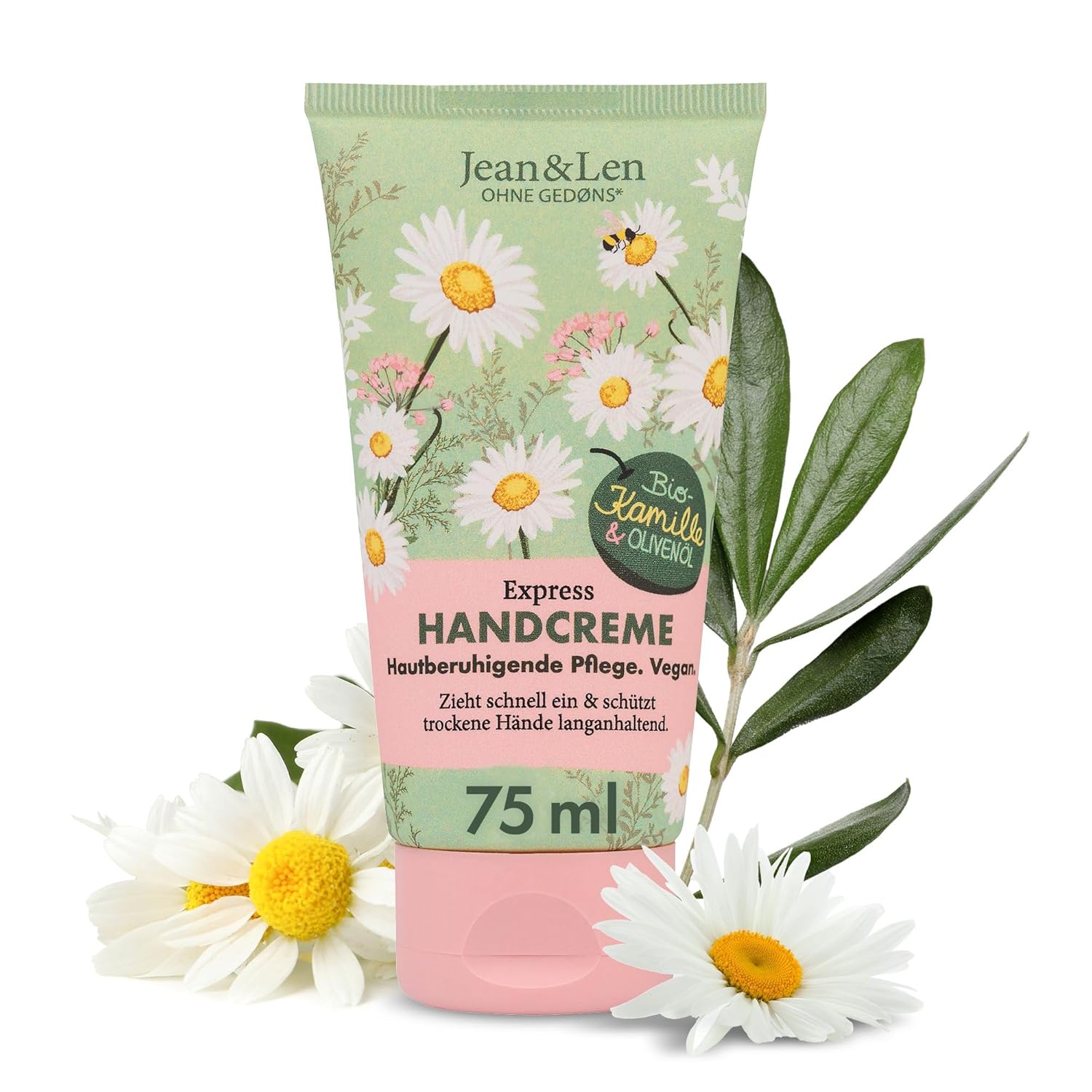 Jean & Len Hand Cream Chamomile & Olive Oil, Vegan Care Formula with Organic Chamomile Flower Extract & Olive Oil, Skin Soothing, Absorbs Quickly, Vegan Hand Care, Parabens & Silicones, 75 ml