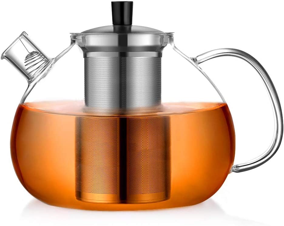 ecooe Original 2000 ml Silver Glass Teapot, Borosilicate Glass Tea Maker with Removable 18/8 Stainless Steel Strainer, Rustproof, Heat Resistant for Black Tea, Green Tea, Fruit Tea, Scented Tea Bags