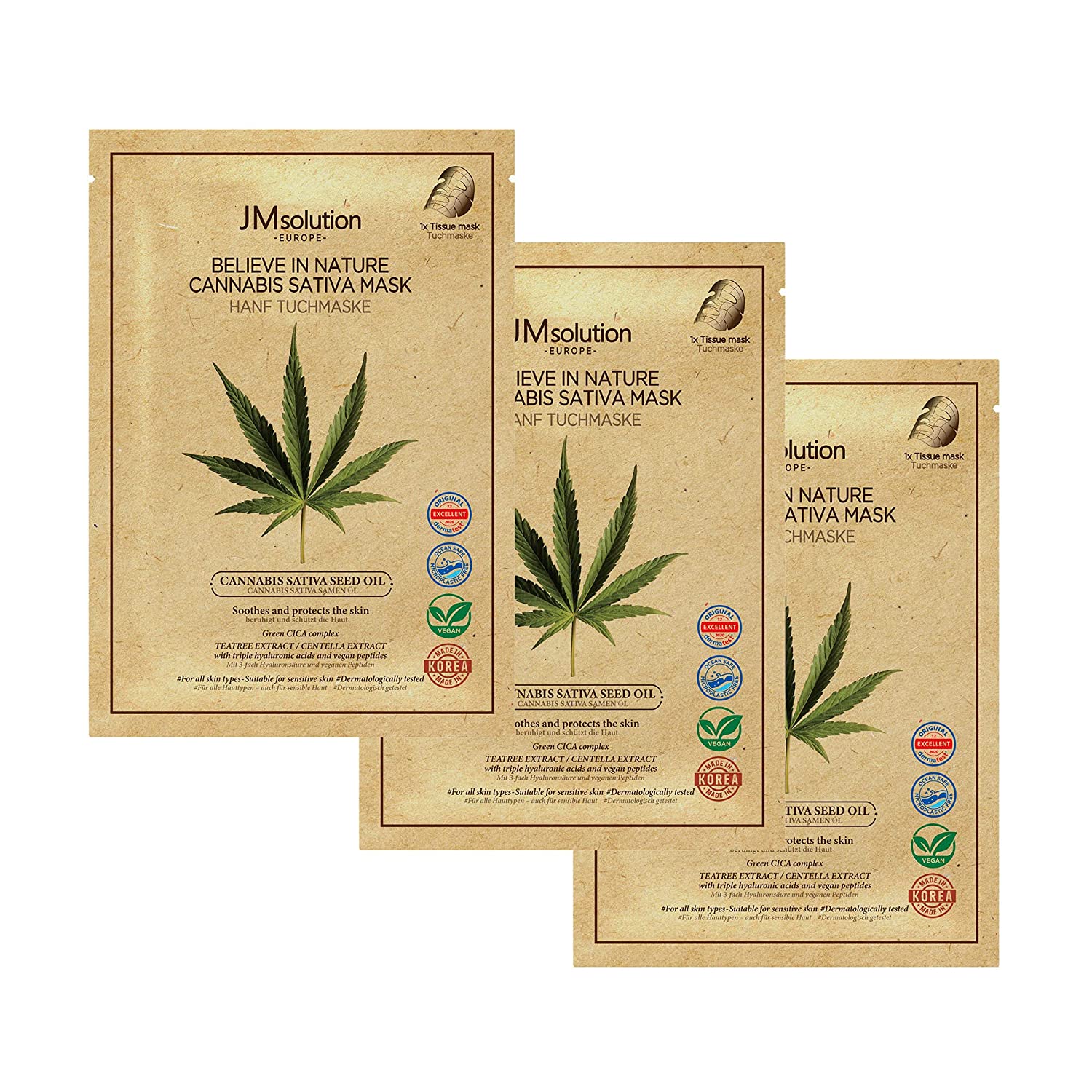 JMsolution Believe In Nature Herbal Cloth Mask Pack of 3 (Face Mask, Vegan, Pure Skin, Moisturising, Spa Feeling)