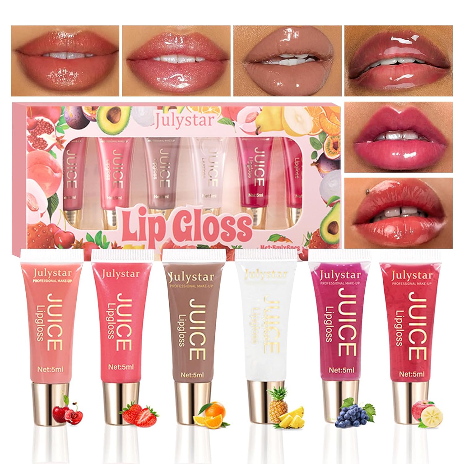 Moisturising Lip Gloss Set, Fruity Transparent Moisturising Lip Oil, Long-Lasting Plump and Lips Nourishing Tinted Lip Gloss Set for Improves Dryness and Reduces Lip Wrinkles