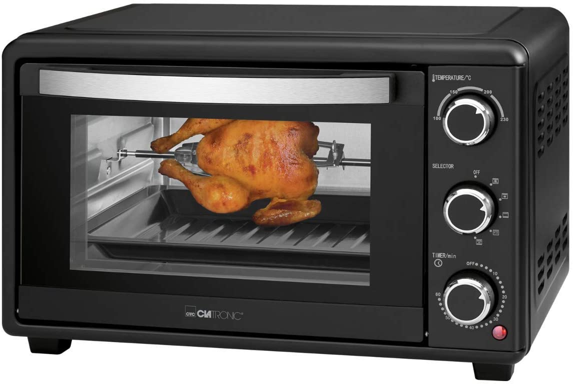 Clatronic MBG 3727 Multi-Oven, 25 Litre Baking Space, Circulation + Top and Bottom Heat, Rotisserie Function, 60 Minute Timer with End Signal, Black