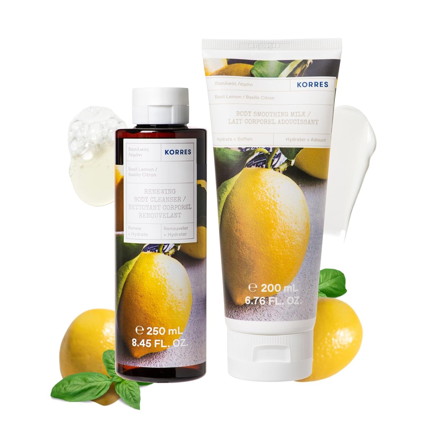 KORRES Basil Lemon Body Care Value Set, Basil Lemon Revitalizing Shower Gel with Basil Citrus Fragrance, Vegan, 250 ml and Basil Lemon Smoothing Body Milk for Smooth Skin, Vegan, 200 ml