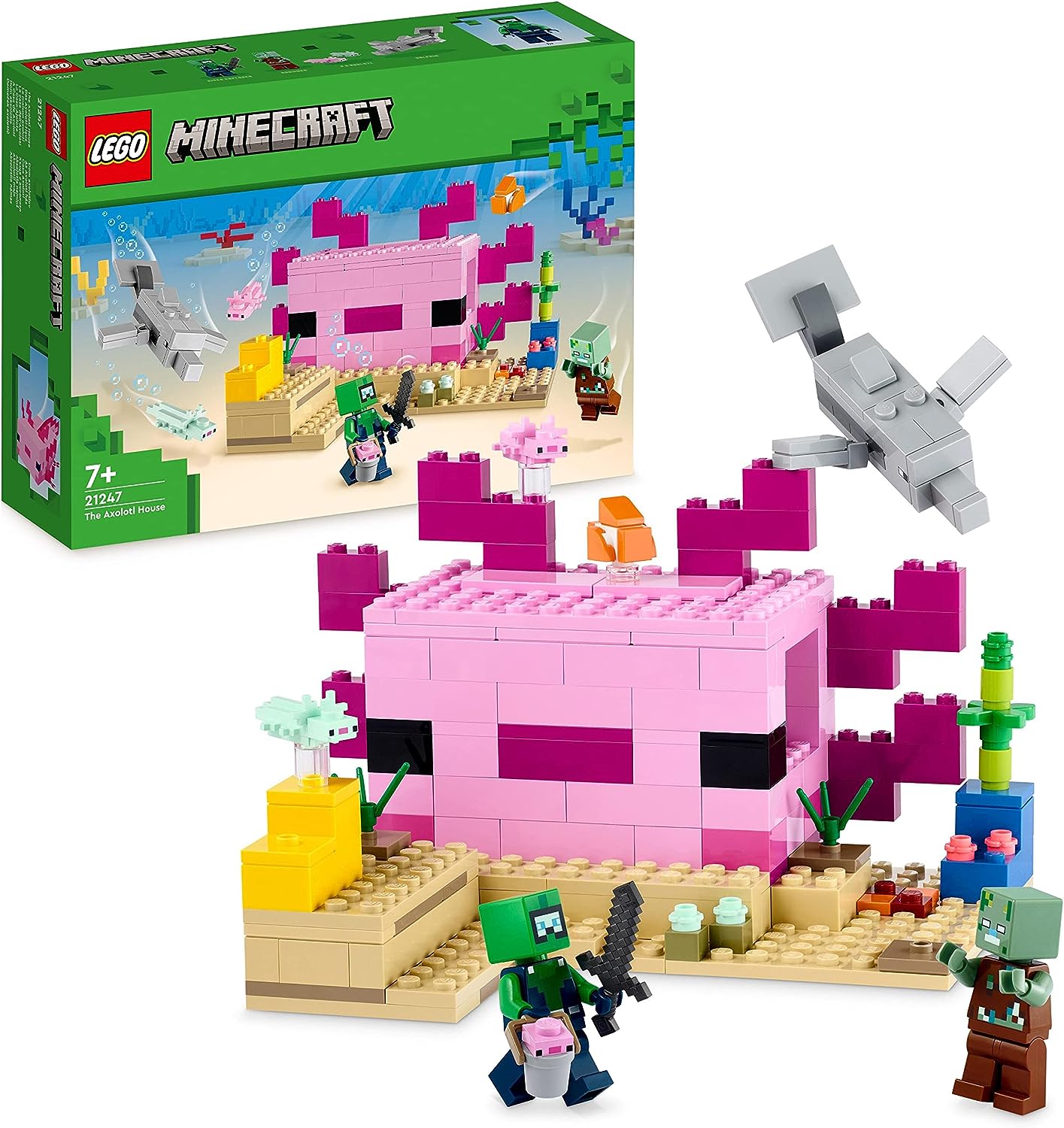 LEGO 21247 Minecraft The Axolotl House Set, Buildable Pink Underwater Base with Dive Explorer, Zombie, Dolphin and Puffer Fish Figures, Adventure Toy for Children from 7 Years