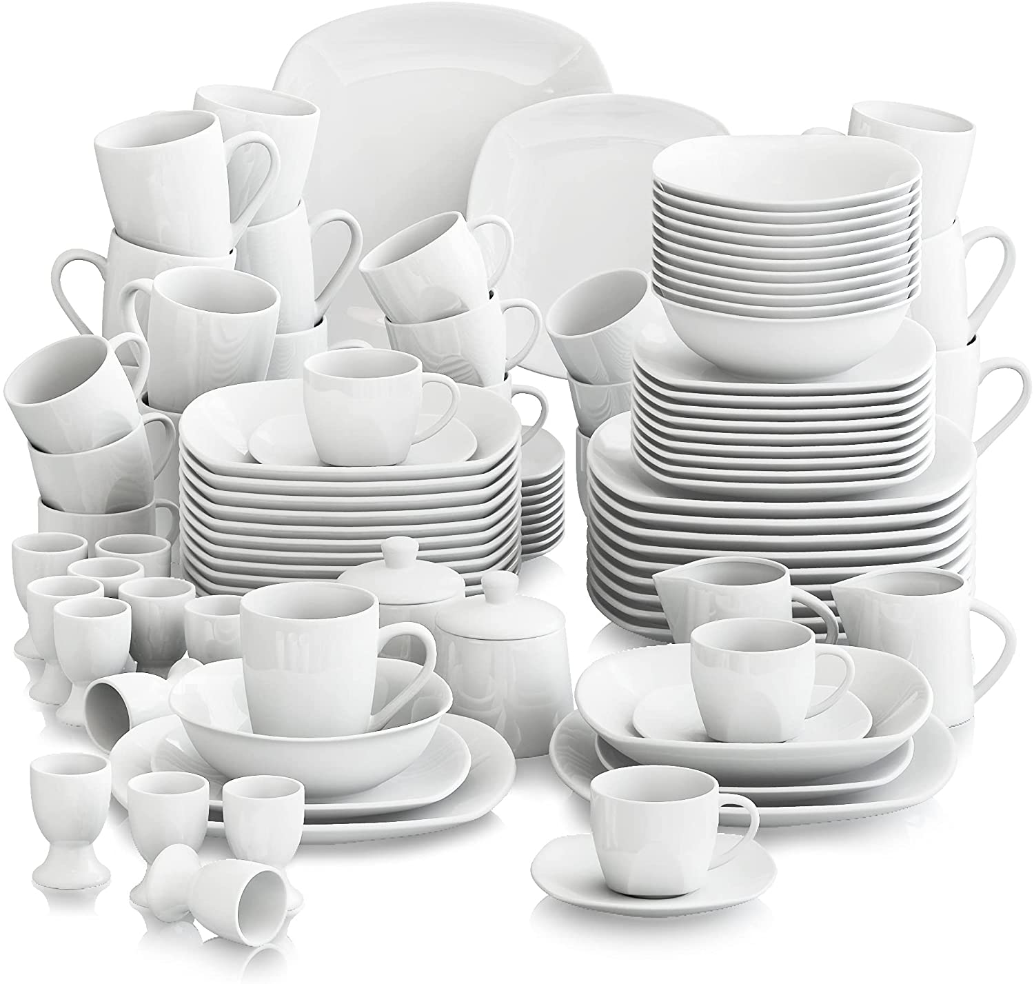 MALACASA, Elisa Series, 100 Pieces Porcelain Dinner Service, Breakfast Service, Coffee Service with Egg Cups, Coffee Cups, Cereal Peels, Dessert Plates Etc. for 12 People, Grey White
