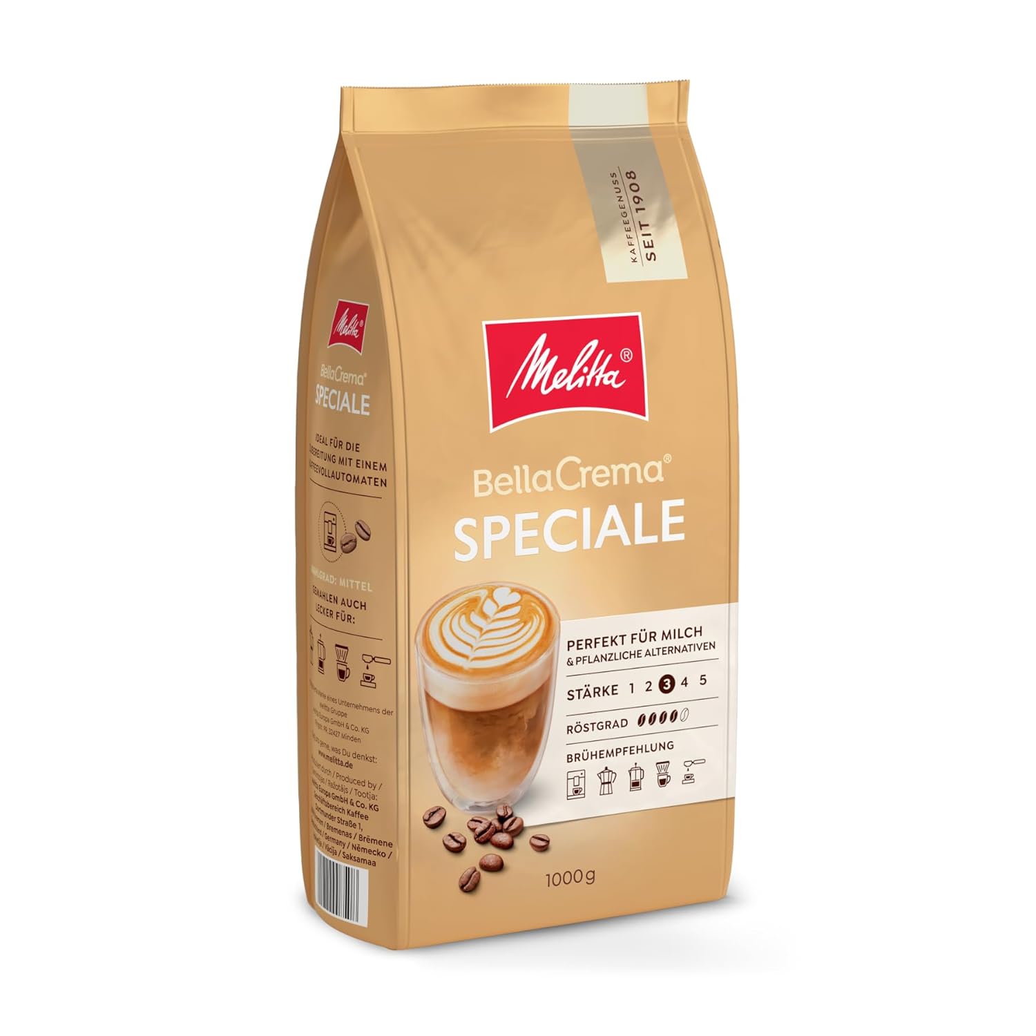 Melitta BellaCrema Speciale Whole Coffee Beans, 1 kg, Unground, Coffee Beans for Fully Automatic Coffee Machines, Medium Roast, Roasted in Germany, Strength 2