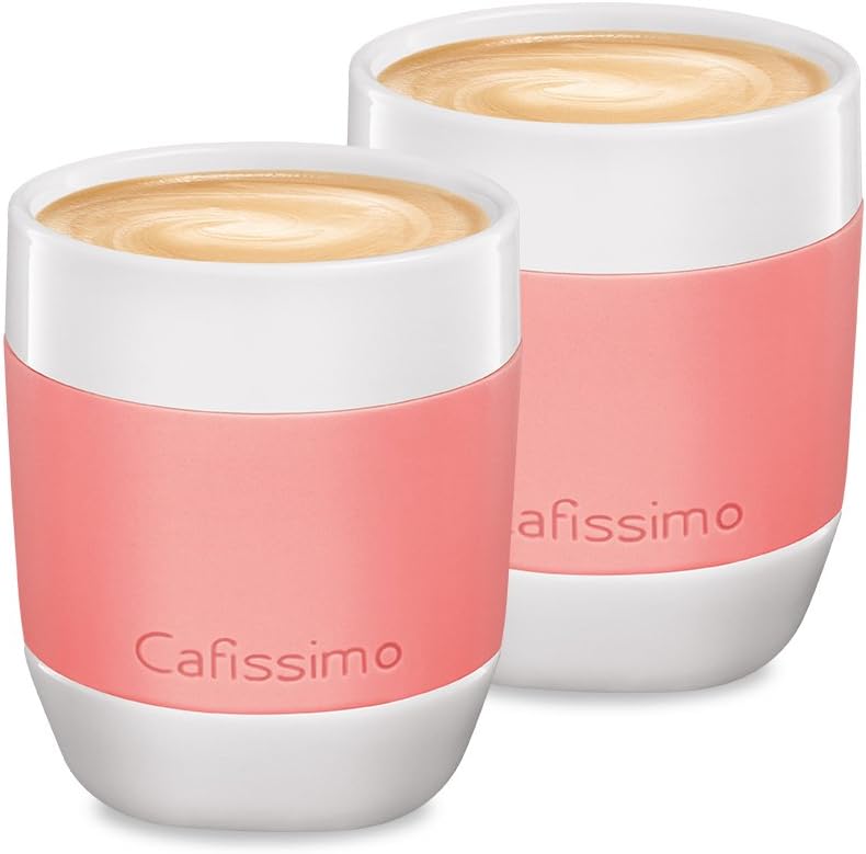 Tchibo Cafissimo XL Cups, cappuccino cups, porcelain latte macchiato cups with silicone sleep, set of 2, coral