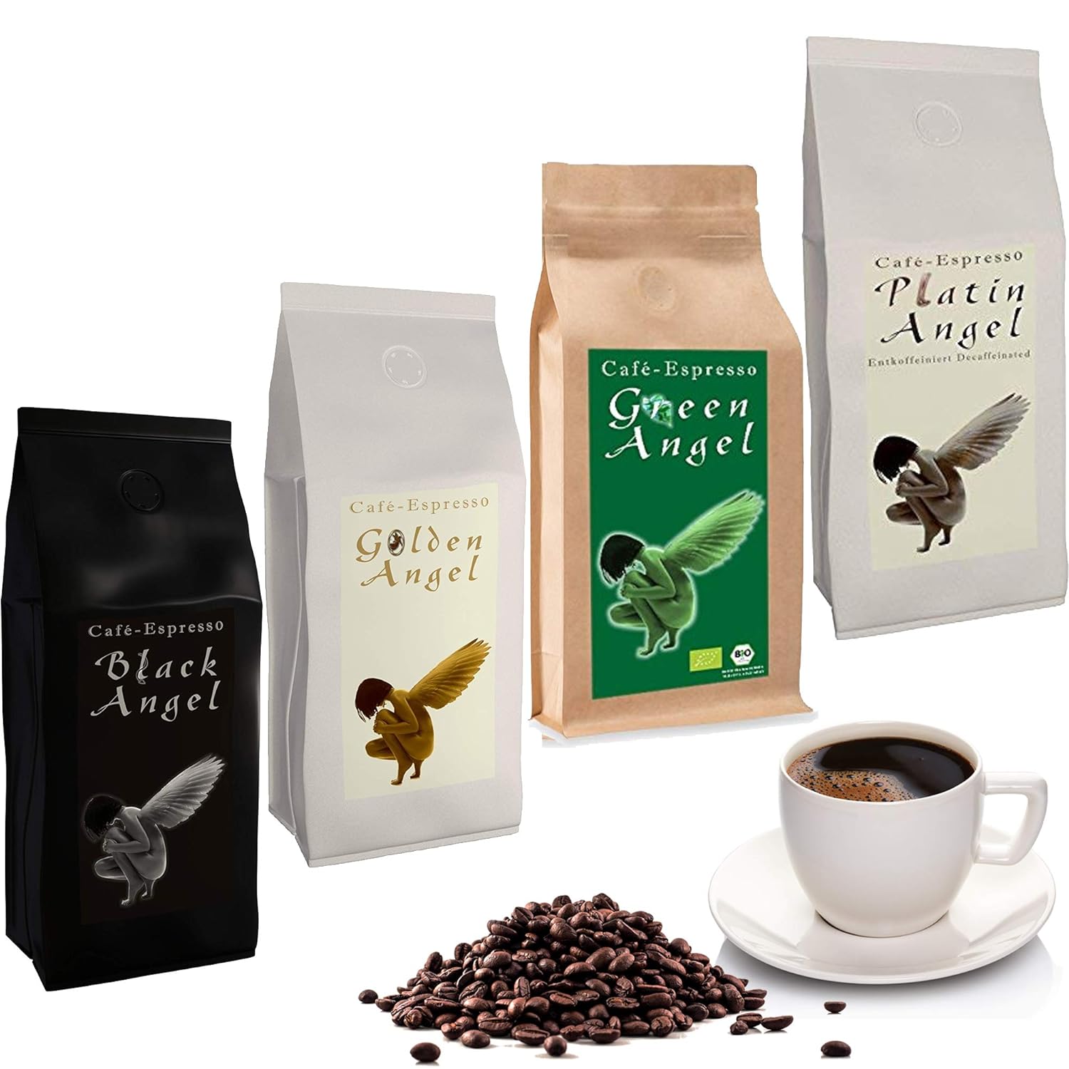 Espresso Sample Package Cafe / Coffee Beans 4 x 150 g Whole Bean \"4 Angels for Crema\"