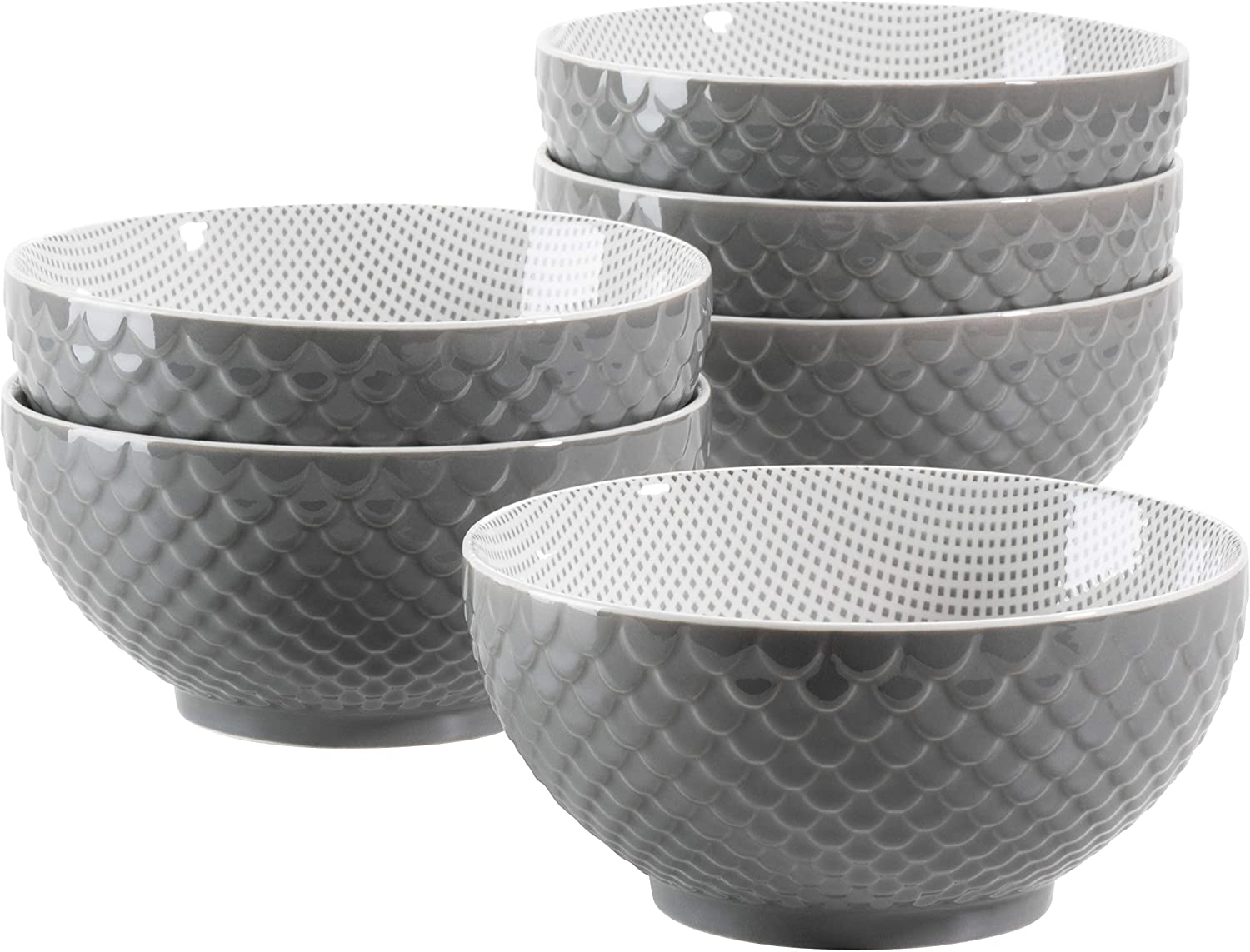 MÄSER 931575 Telde Series Cereal Bowls Set in Catering Quality, 6 Bowls with Pretty Relief Surface and Glazed Decoration, Durable Porcelain, Grey