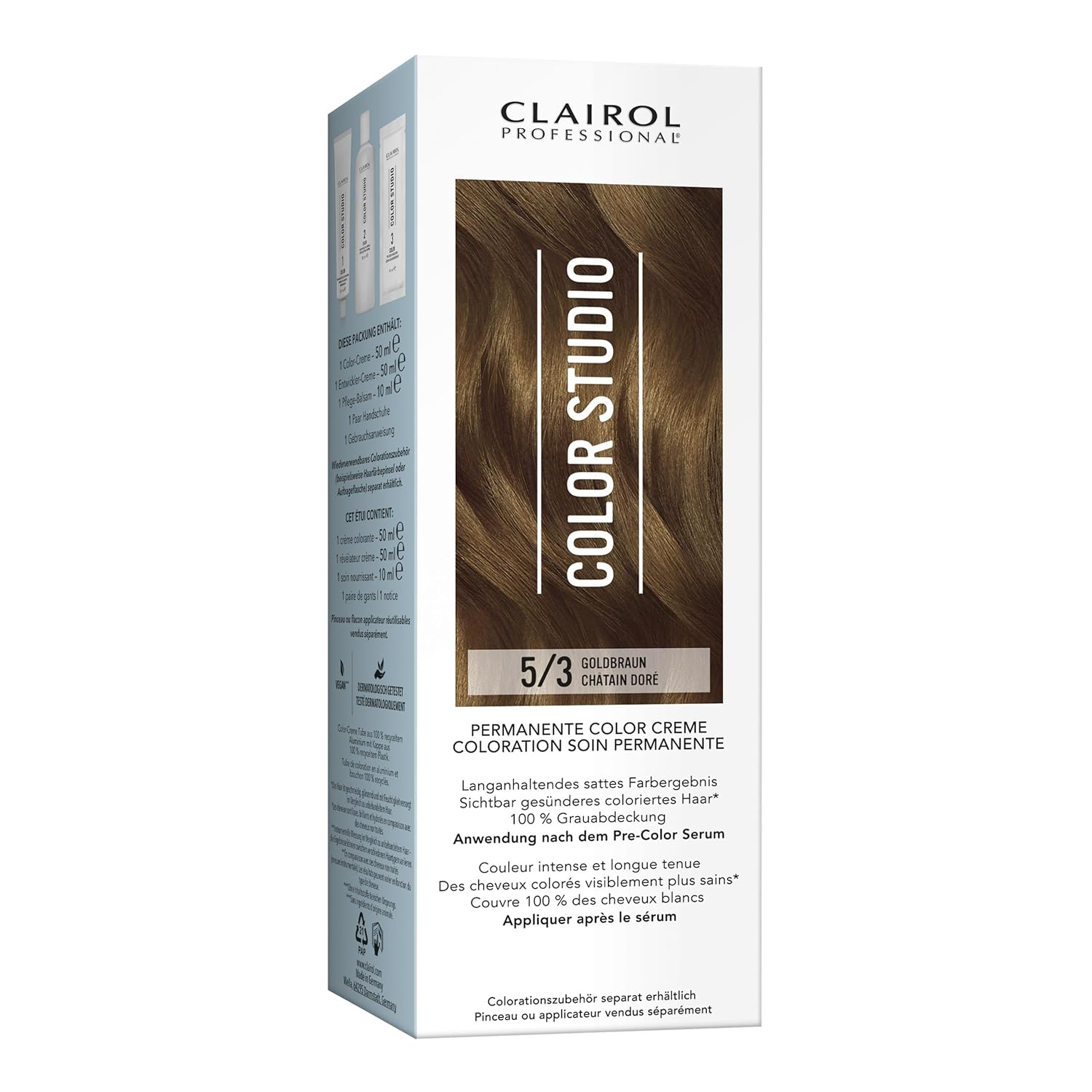 Clairol Professional Color Studio Permanent Hair Color Golden Brown 5/3 (110ml) - With Metal Purifier for 6x Less Breakage, 10 Weeks Rich Color Result & 100% Gray Coverage - Includes Hair Treatment