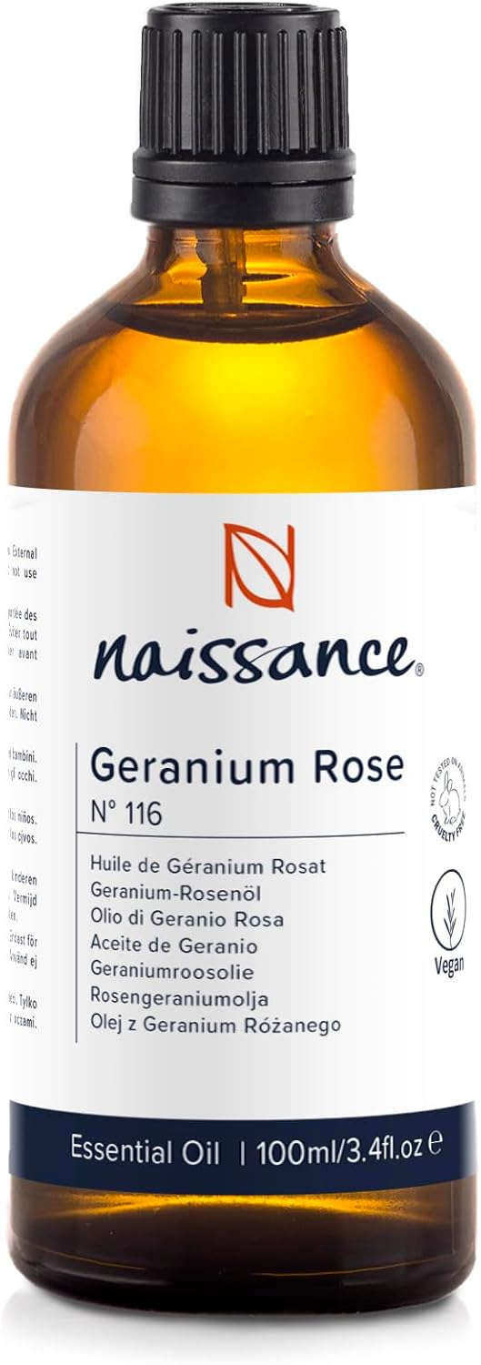 Naissance Rose Geranium Essential Oil (No. 116), 100 ml, 100% Natural Pure Natural Undiluted Rose Geranium Oil for Natural Cosmetics, Aromatherapy, Oil Burners, Fragrance Oil for Aroma Diffusers