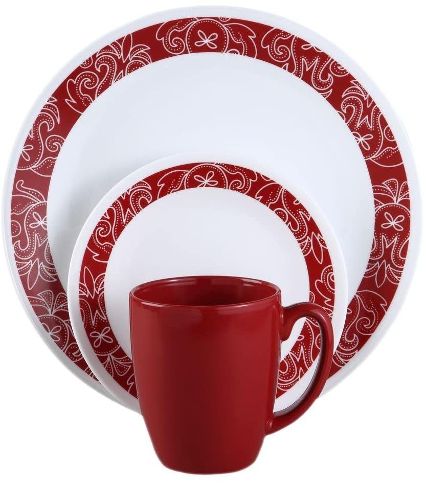 Corelle 16-Piece Vitrelle Glass Bandhani Chip and Break Resistant Dinner Set, Service for 4, Red