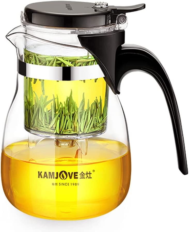 KAMJOVE Teapot 600 ml Glass Jug Tea Service Filter Strainer Since1989 Teapot Kungfutee Glass Tea Maker All-in-One Set Tea and Coffee - Expandable Infuser