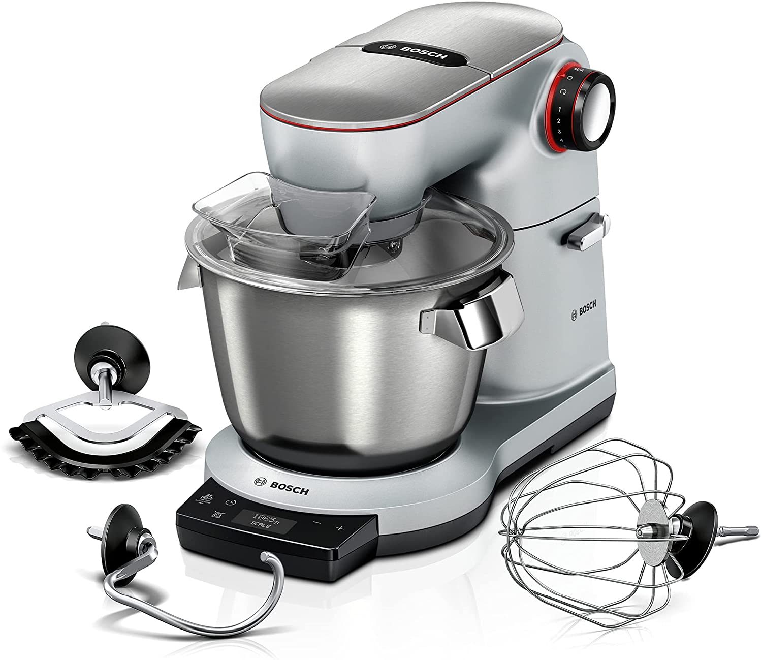 Bosch OptiMUM MUM9AX5S00 Food Processor (1500 W, 3 Professional Mixing Tools, Stainless Steel, Dishwasher Safe, Integrated Scales, Automatic Program, Timer, Mixing Bowl 5.5 Litres, Dough Quantity 3.5 kg), Silver