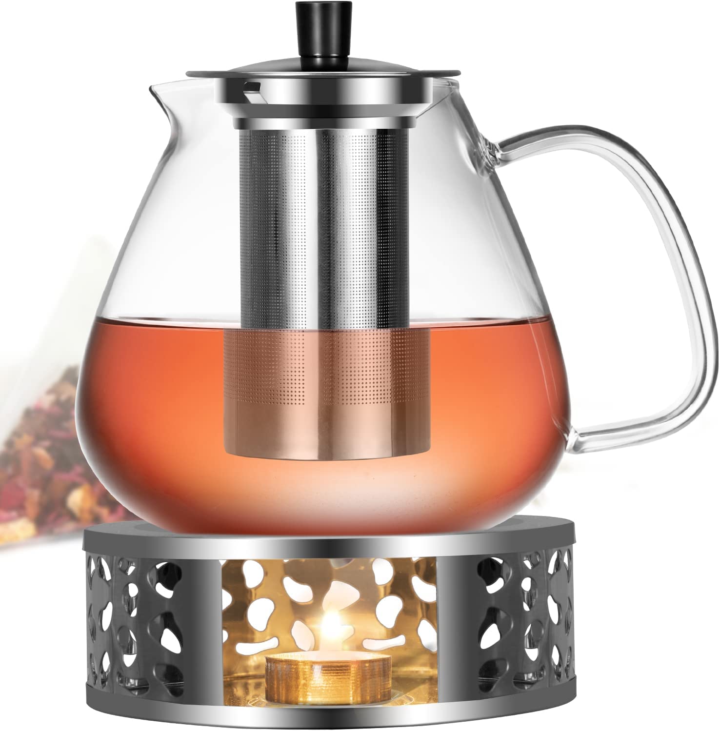 BUICXJKZ Glass Teapot - 1500 ml Teapot with Strainer Insert, Candle Warmer, Dishwasher Safe, Glass Teapot for Cold and Hot Drinks, Tea Maker, 18/8 Stainless Steel Teapot Warmer