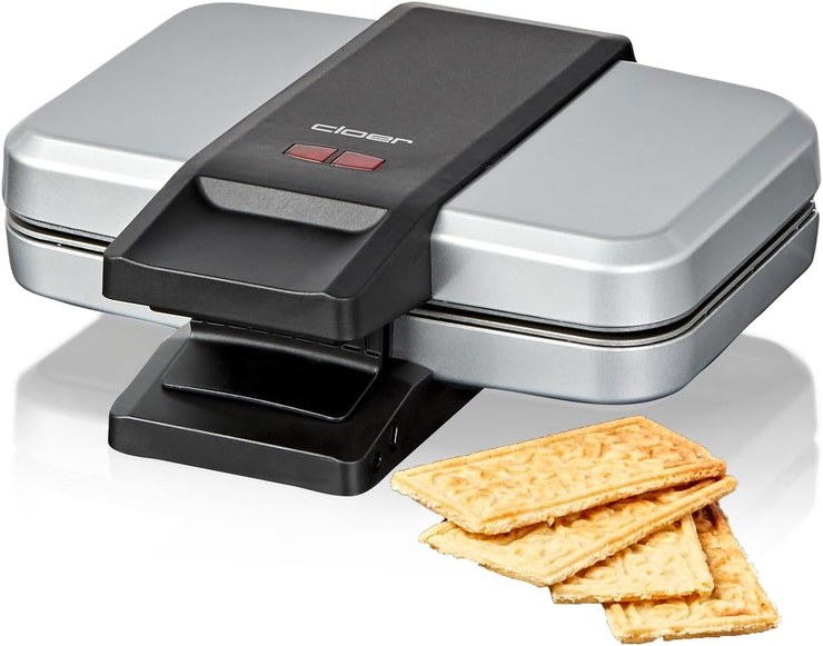 Cloer 6119 Spekulatius Waffle Iron, for 4 Biscuits, 6 x 11 cm Each, Cookie for Christmas, 600 W, Indicator Light, Space-Saving Storage, 3-Stage Handle Lock, Silver, Plastic