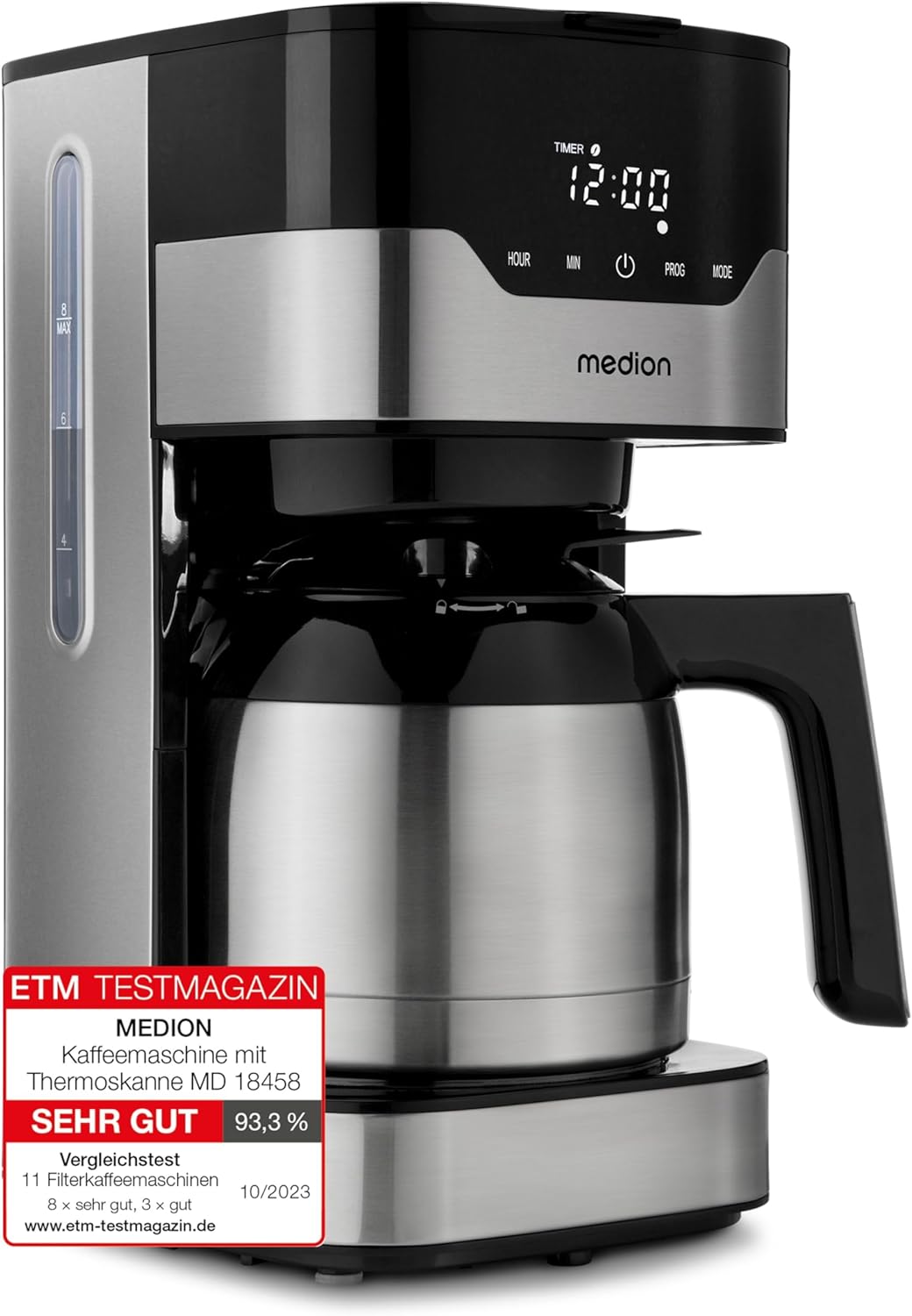 MEDION Coffee Machine with Thermos Flask and Timer (Filter Machine, 8-10 Cups, 1.2 Liters, 900 Watt, 3 Levels, Keep Warming Function, Timer, Anti-Drip, Display, MD18458) Stainless Steel