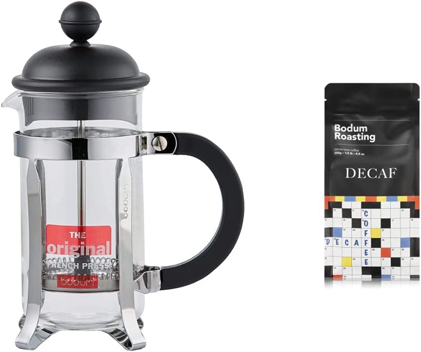 Bodum 1913-01 Caffettiera Coffee Maker (French Press System, Permanent Stainless Steel Filter, 0.35 Litres) Black + Coffee Decaf CO2 L + B Organic, 250 g