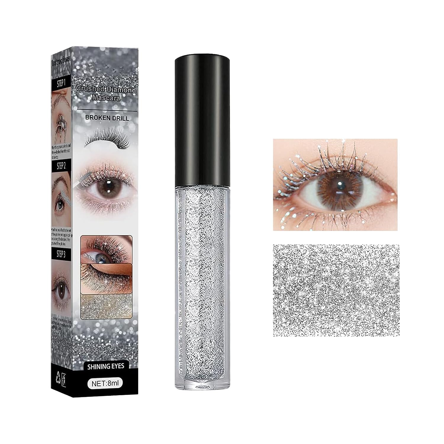 Glitter Lash Mascara, Diamond Glitter Mascara, Waterproof Lash Mascara, Liquid Eyeshadow Mascara, Silver for Parties, Weddings